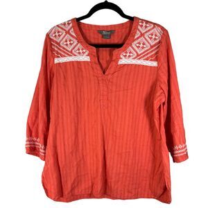 Natural Reflections Coral Cream Embroidered 3/4 Sleeve Gauzy Blouse Size Large